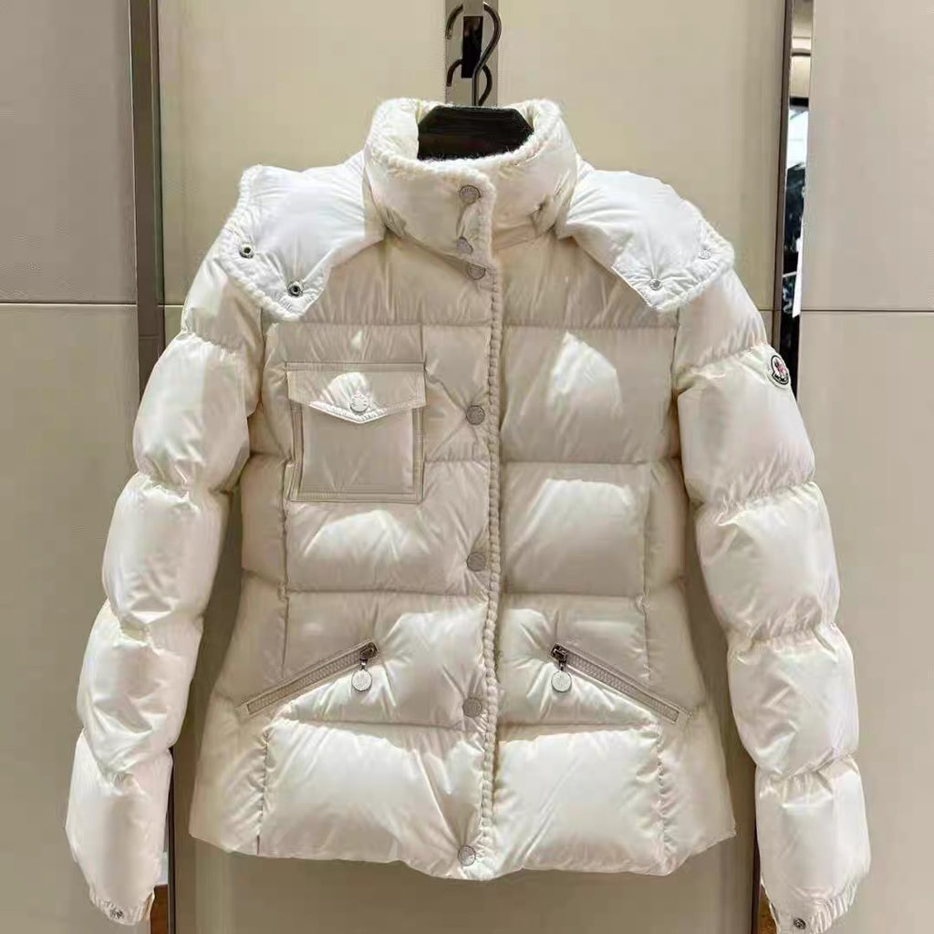 Moncler long hooded puffer jacket, white, front view with chest pocket and buttons