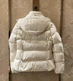 Moncler long hooded puffer jacket, white, back view with quilted panels