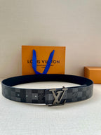 Louis Vuitton Damier check belt in dark gray with silver-toned LV buckle