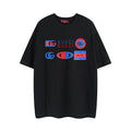 Black short-sleeve T-shirt with multicolor logo graphic on chest