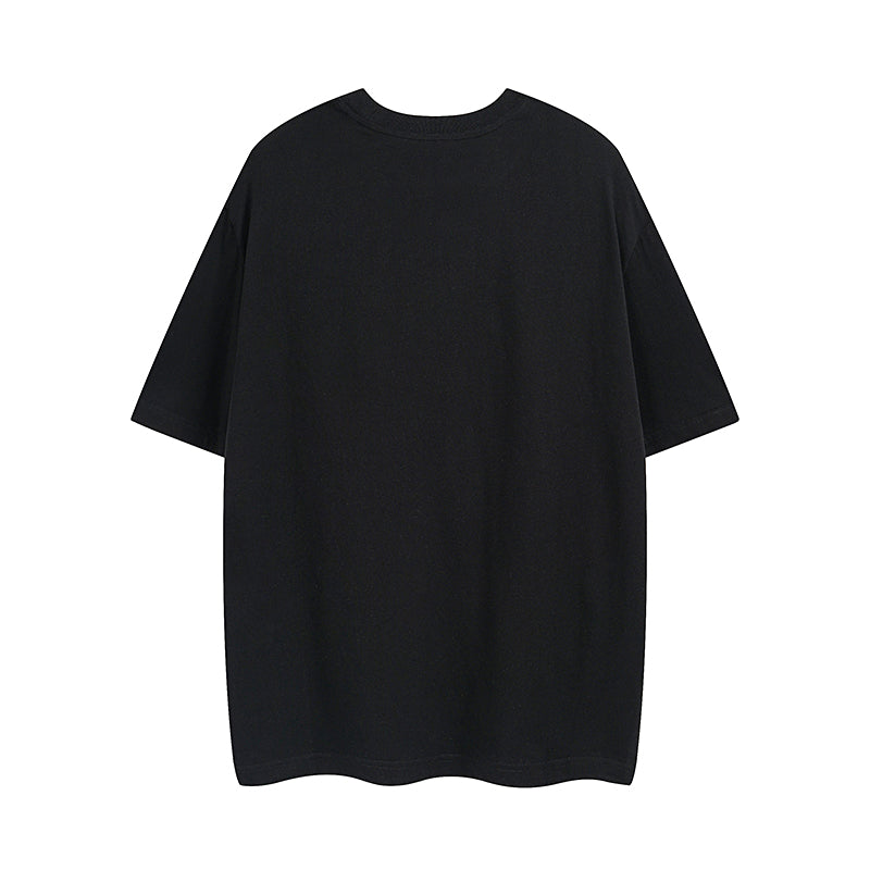 Black short-sleeve T-shirt with crew neck, plain back view