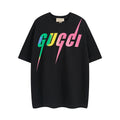 Black short-sleeve T-shirt with multicolor Gucci lightning logo print