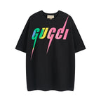 Black short-sleeve T-shirt with multicolor Gucci lightning logo print