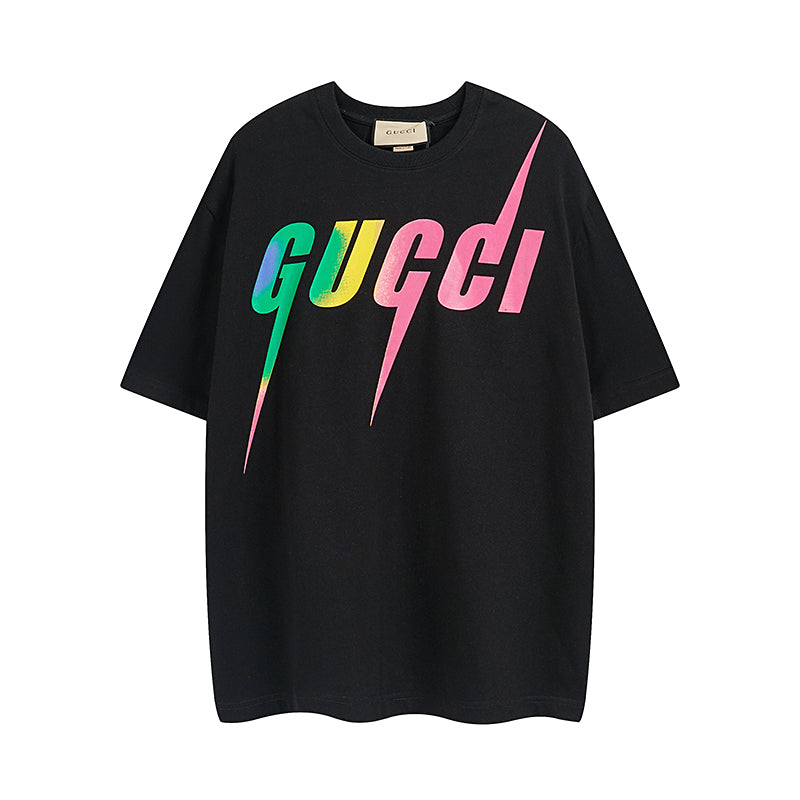 Black short-sleeve T-shirt with multicolor Gucci lightning logo print