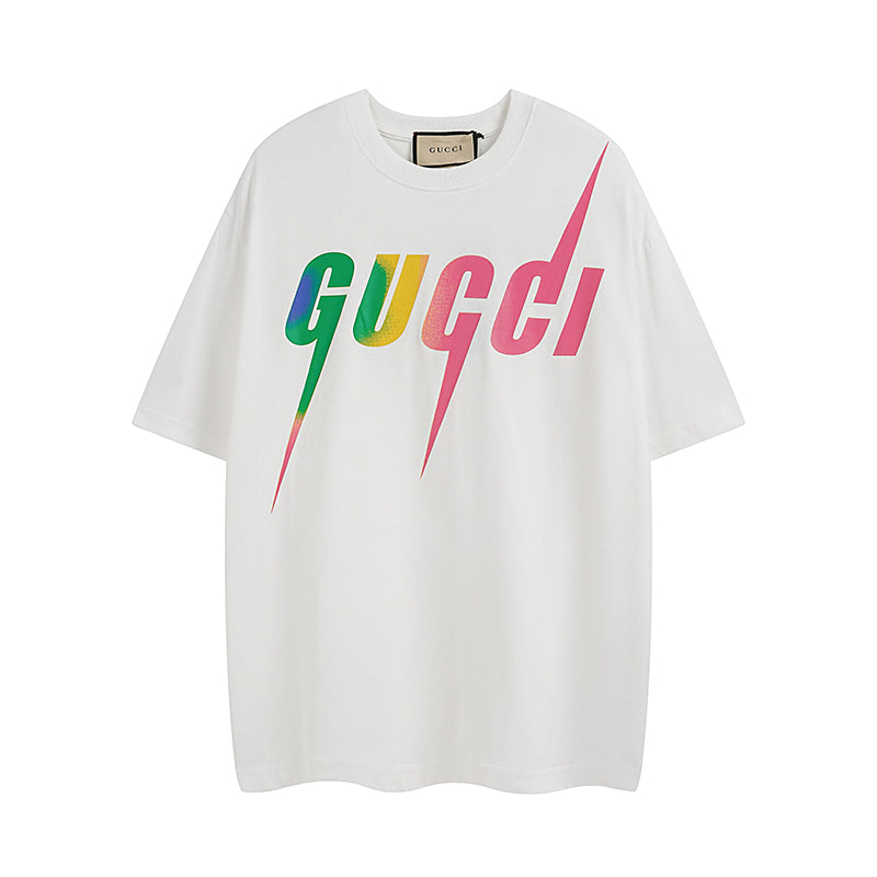 White Gucci T-shirt with multicolor GUCCI lightning logo front