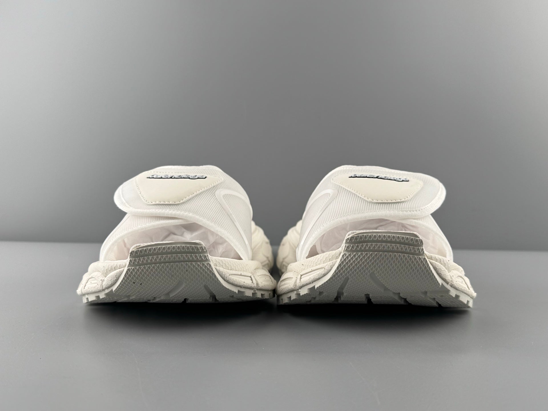 Balenciaga sandals, white, interior heel lining with stitched logo tab detail