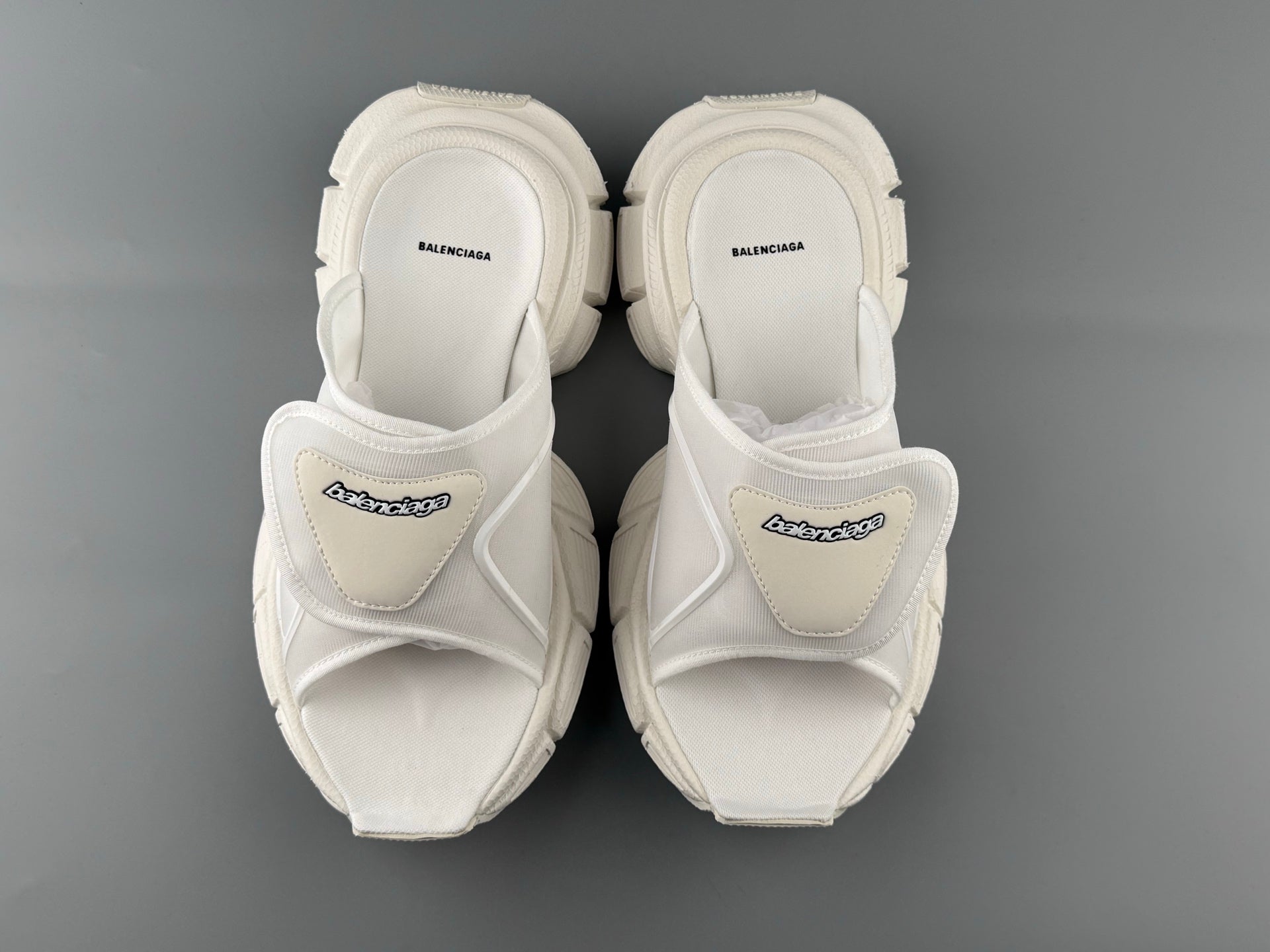 Balenciaga sandals, white, heel interiors showing BALENCIAGA branding