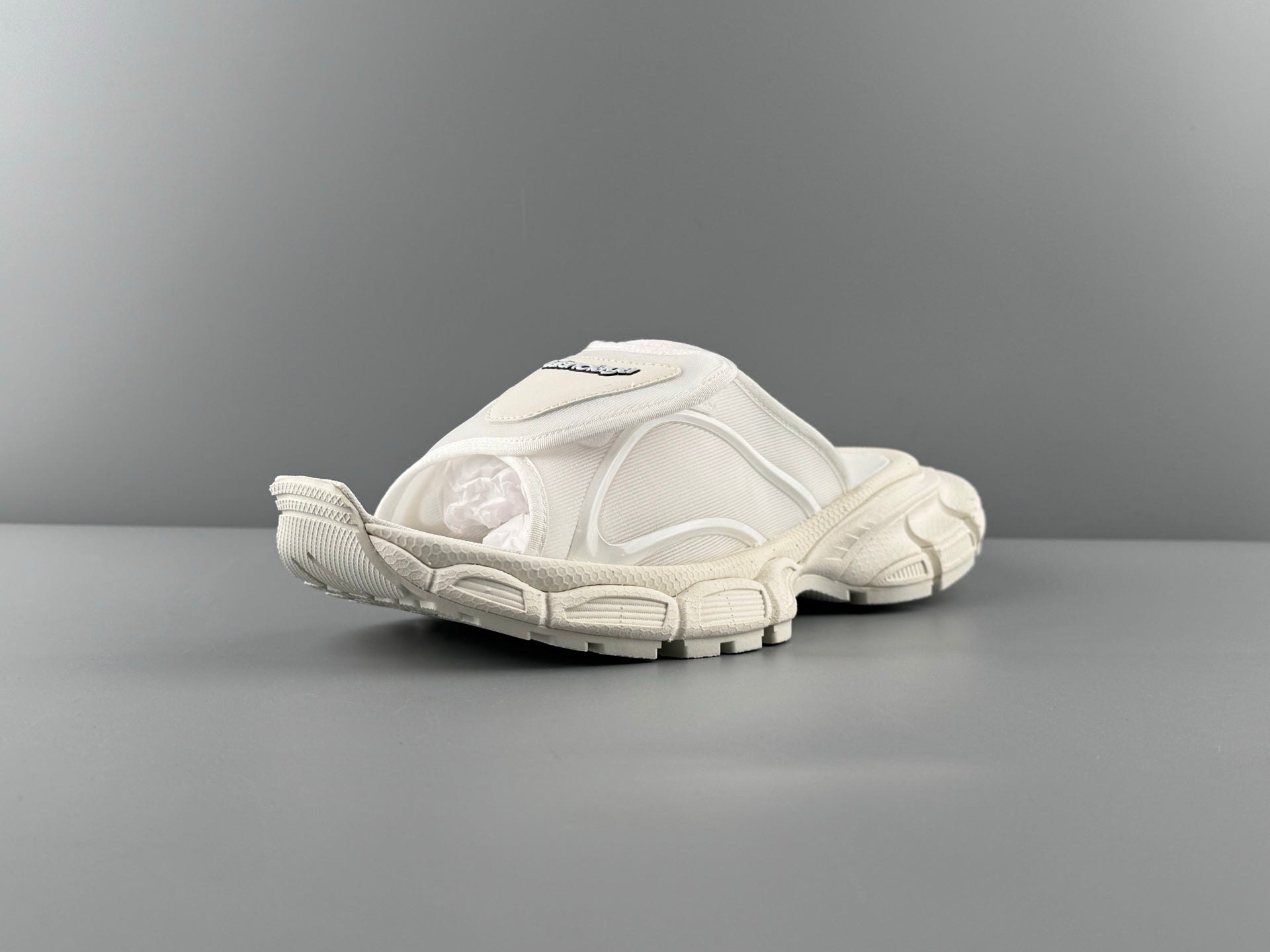 Balenciaga slide sandals, white, open toe with padded strap and grippy sole