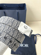 Dior belt detail: gray patterned strap with gold buckle and black leather underside