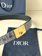 Dior belt close-up: gray patterned strap with gold buckle and black edge trim