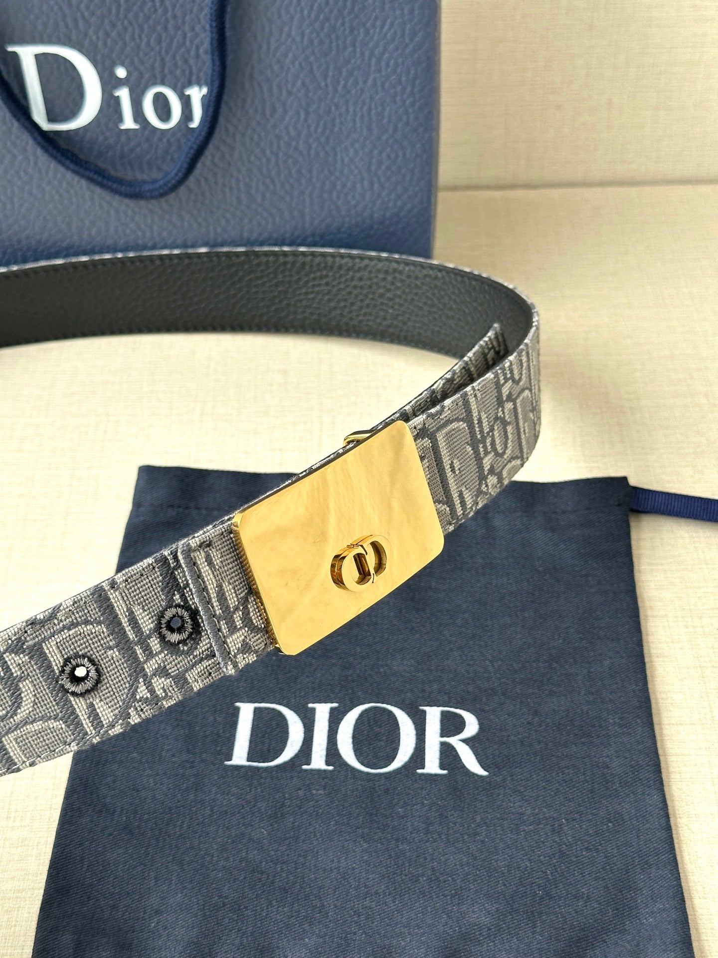 Dior belt close-up: gray patterned strap with gold buckle and black edge trim