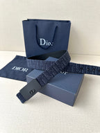 Dior belt with navy logo-pattern strap and black buckle with metal loops