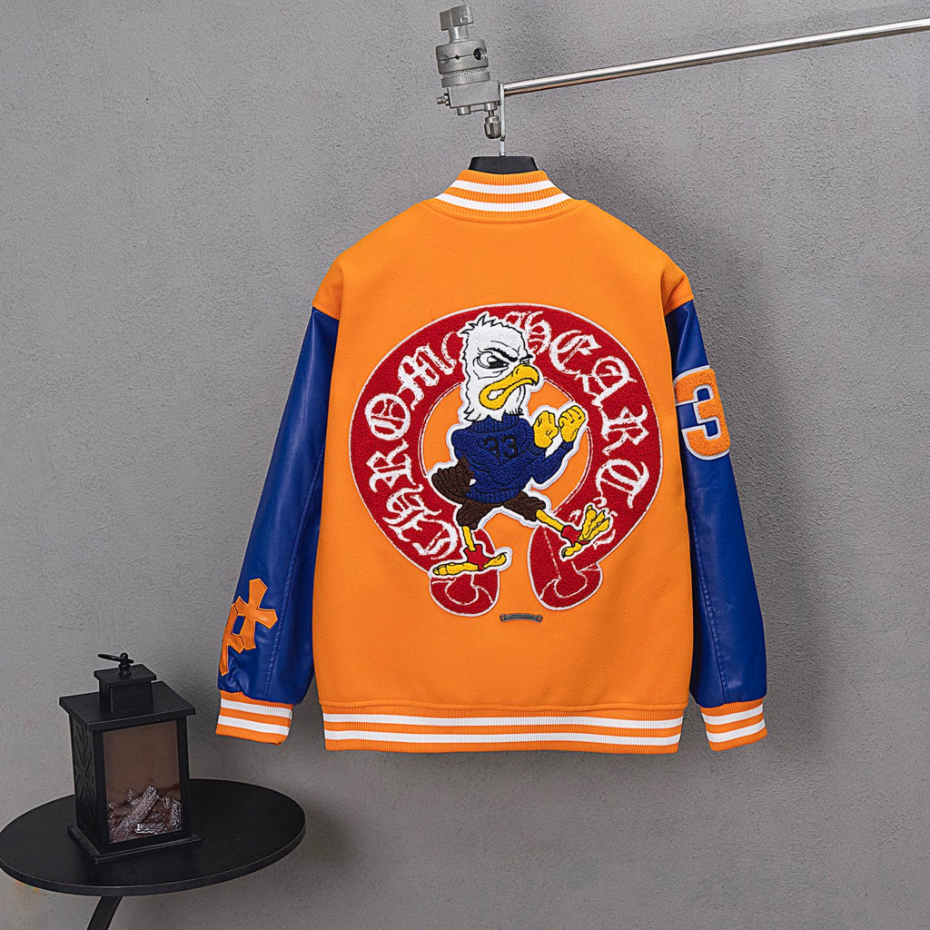 Orange and blue varsity jacket with large back emblem and striped ribbed hem