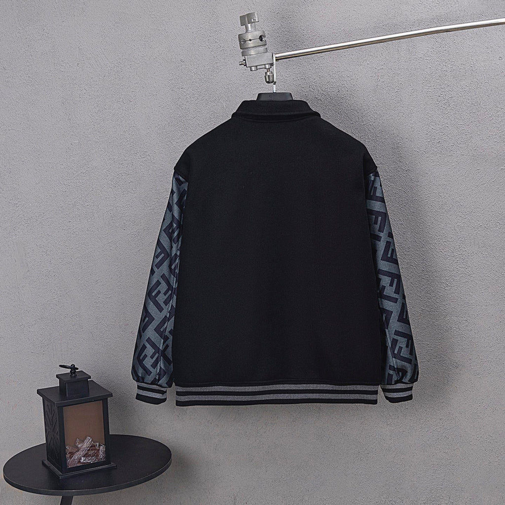 Back of black long jacket with striped ribbed hem and FF logo sleeve panels