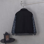 Back of black long jacket with striped ribbed hem and FF logo sleeve panels