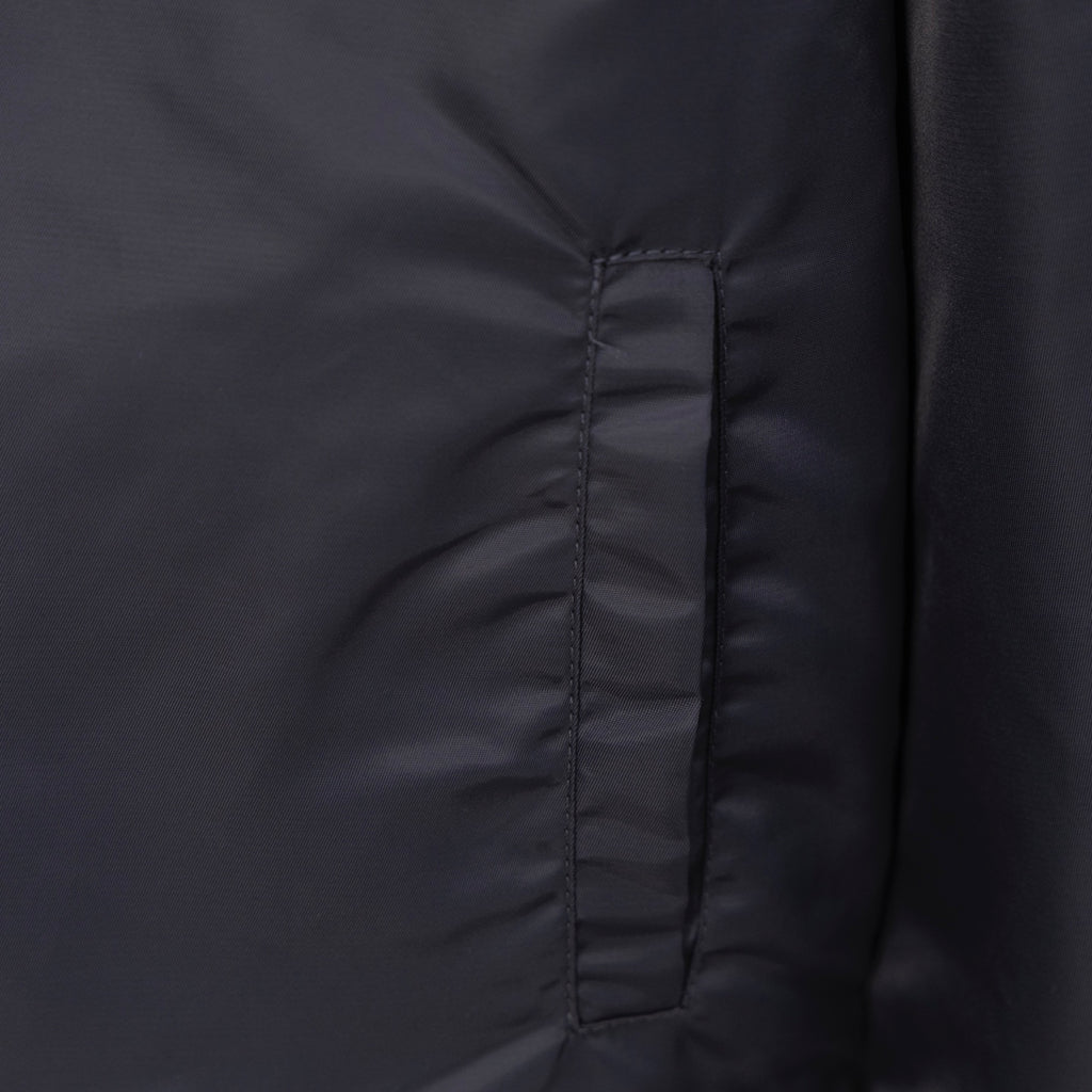 Louis Vuitton long bomber jacket front seam detail with dark snapped panel