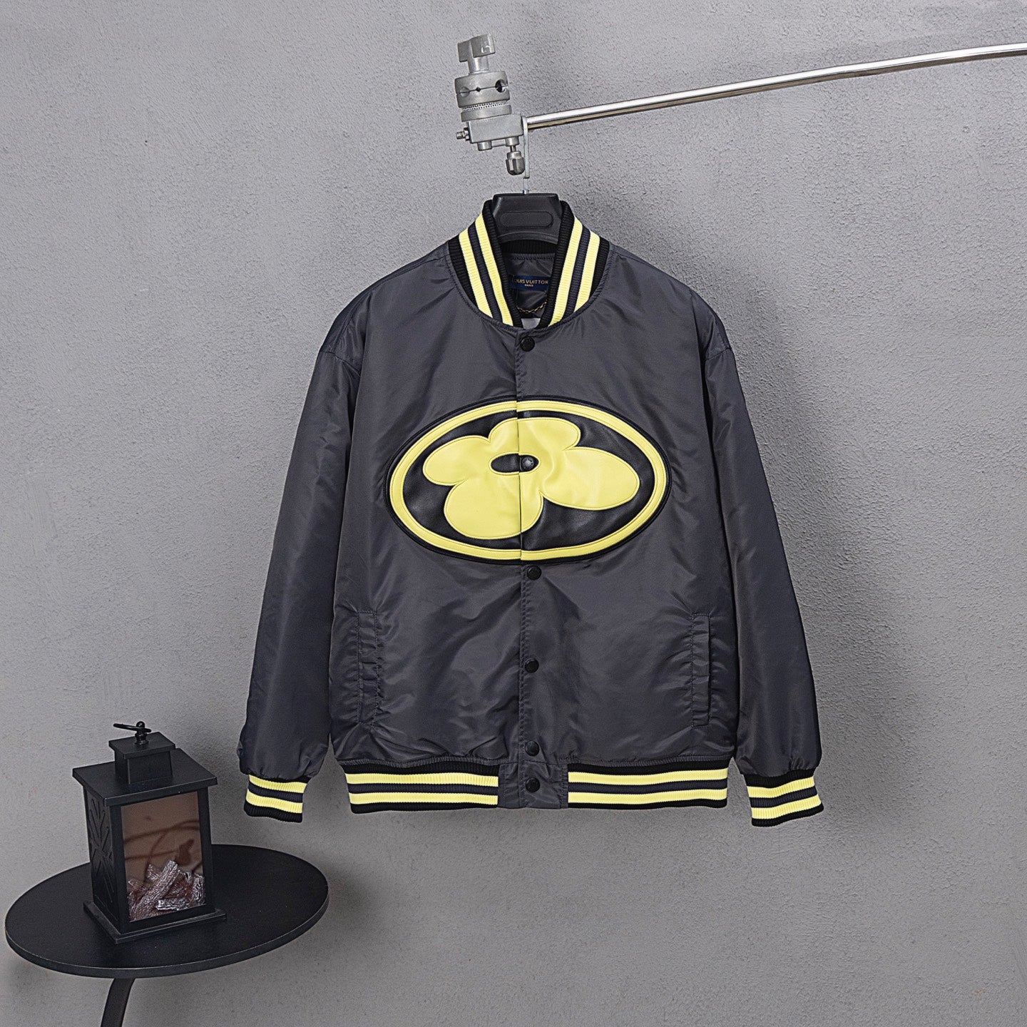 Louis Vuitton long bomber jacket with yellow-striped ribbed collar and cuffs