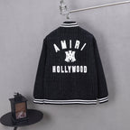 Pinstripe varsity jacket with AMIRI back graphic and striped cuffs