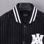 Pinstripe varsity jacket with striped V-neck collar and white logo patch