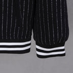 Pinstripe varsity jacket hem with wide striped cuffs in white and dark