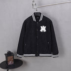 Pinstripe varsity jacket with striped collar, front buttons, and white logo patch