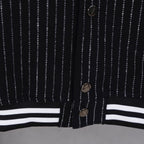 Pinstripe varsity jacket front with button placket and striped hem band