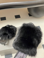 Black fur slide sandals with thick straps and low stiletto heel