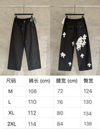 Size chart for black pants: M-2XL with waist, pants length, and hip width (cm).