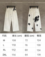 White wide-leg pants with black cross appliques shown side by side