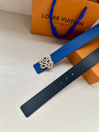 Louis Vuitton blue leather belt with gold-tone logo buckle and punched holes