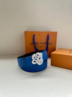 Louis Vuitton blue leather belt with gold-tone logo buckle, folded strap