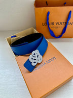 Louis Vuitton blue leather belt with gold-tone logo buckle on gift box