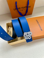 Louis Vuitton blue leather belt with gold-tone logo buckle on wide strap