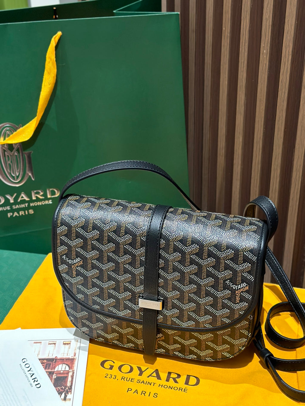 Goyard crossbody bag, patterned jacquard with black flap and adjustable shoulder strap