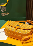 Goyard yellow patterned flap bag with adjustable strap and front buckle clasp
