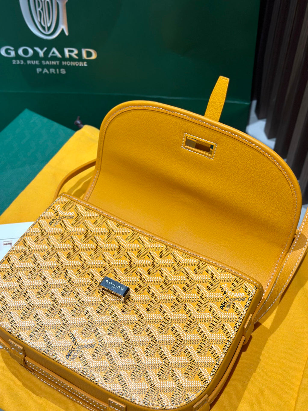 Goyard yellow top flap crossbody bag with patterned insert and front clasp