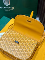 Goyard yellow top flap crossbody bag with patterned insert and front clasp