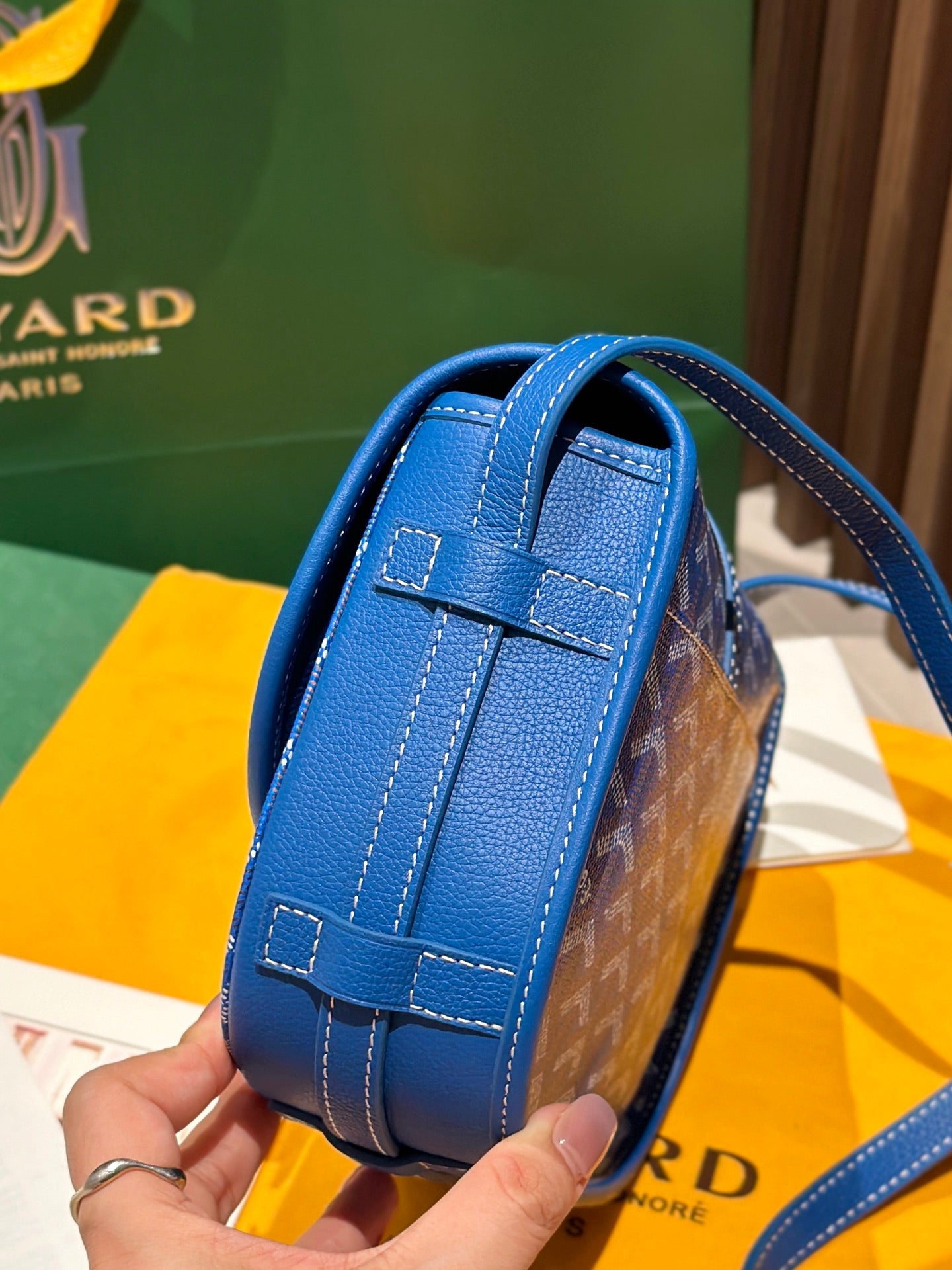 Goyard bag structured blue leather and monogram fabric with top handle and strap