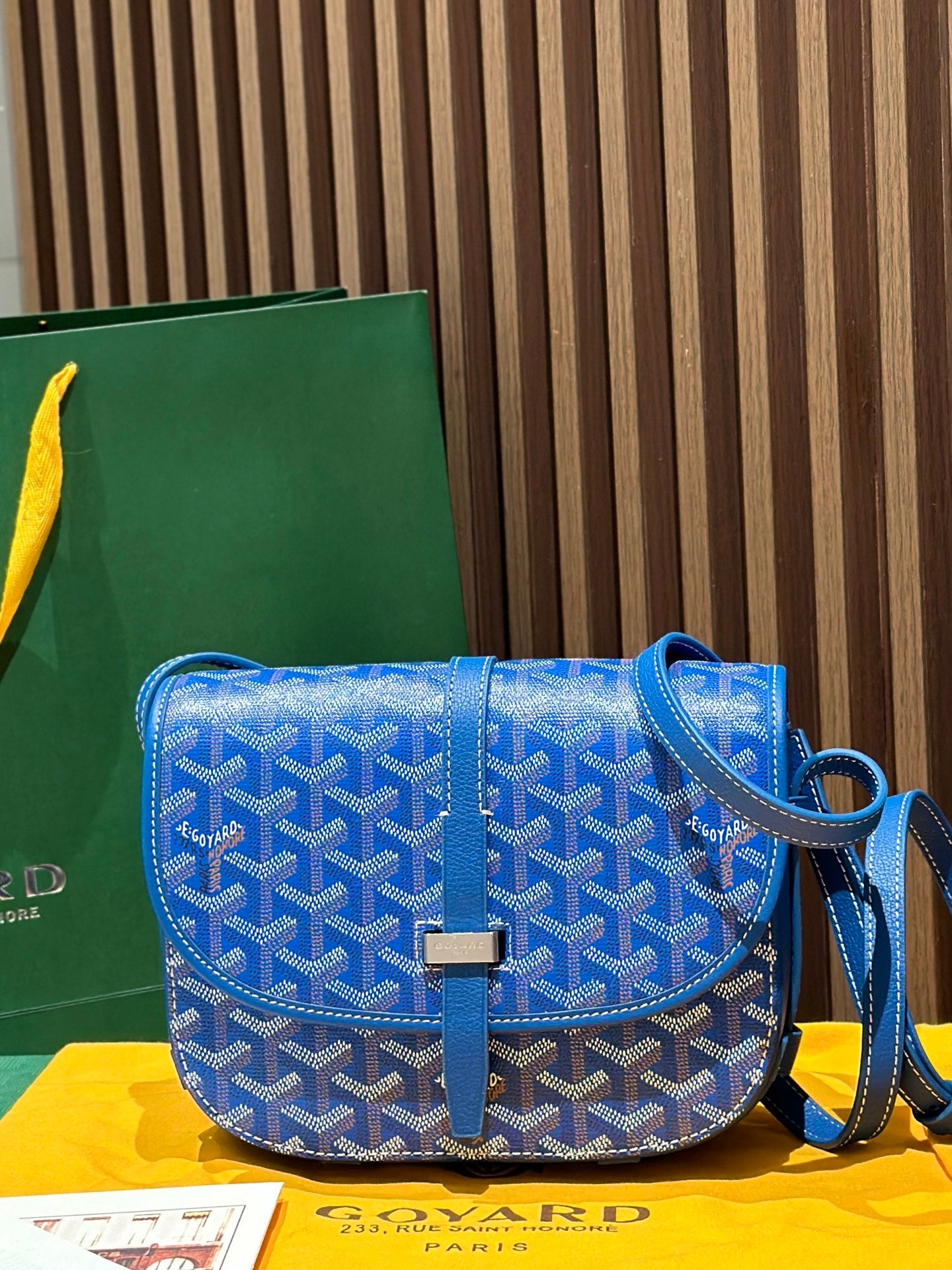 Goyard bag crossbody in blue with patterned monogram flap and blue leather trim