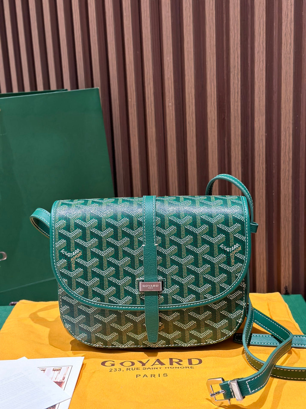 Goyard green patterned crossbody bag with flap, gold clasp, and adjustable strap