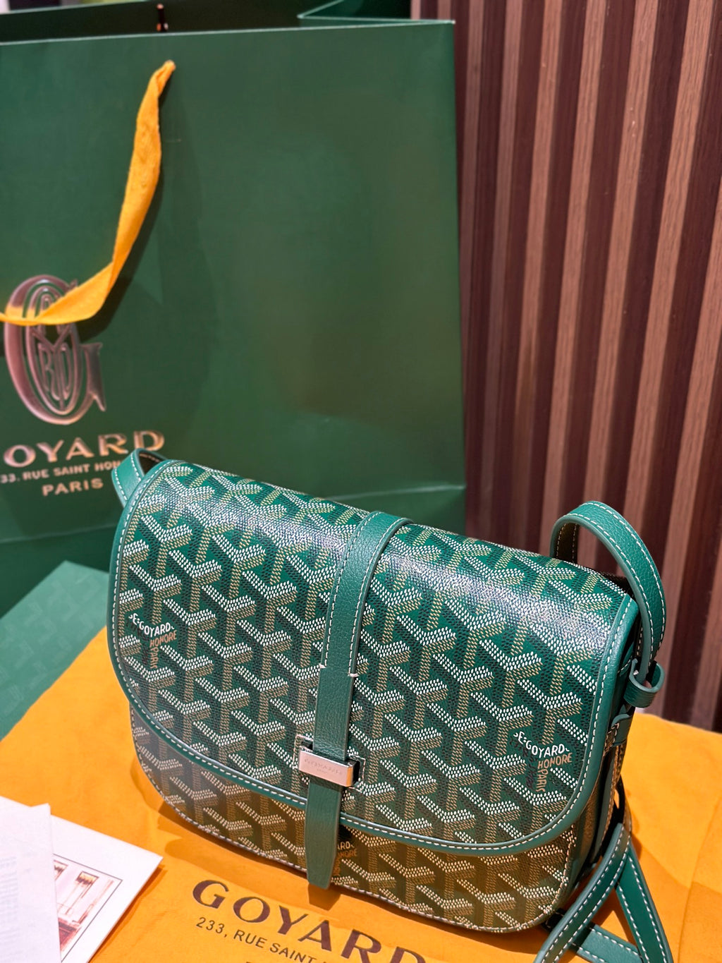 Goyard green patterned shoulder bag with long strap and flap closure