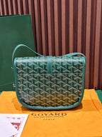 Goyard green patterned crossbody bag with flap and adjustable shoulder strap