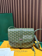 Goyardine crossbody bag in green with geometric pattern, flap, and adjustable shoulder strap.