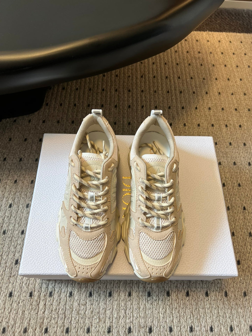 Dior unisex sneakers, cream leather and mesh with gold-tone lace eyelets