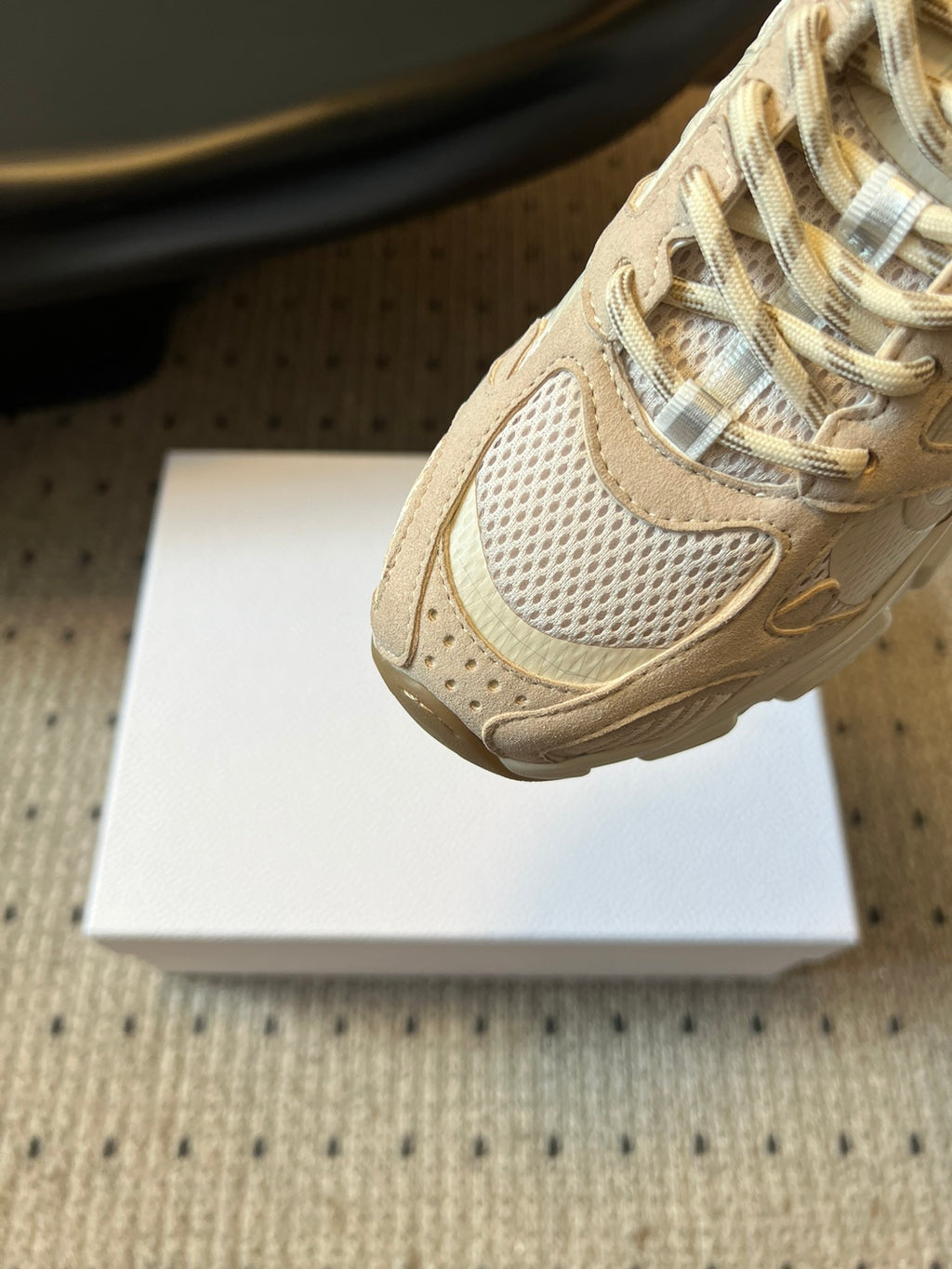 Dior unisex sneaker toe view, cream mesh and suede panels with gold lace trim