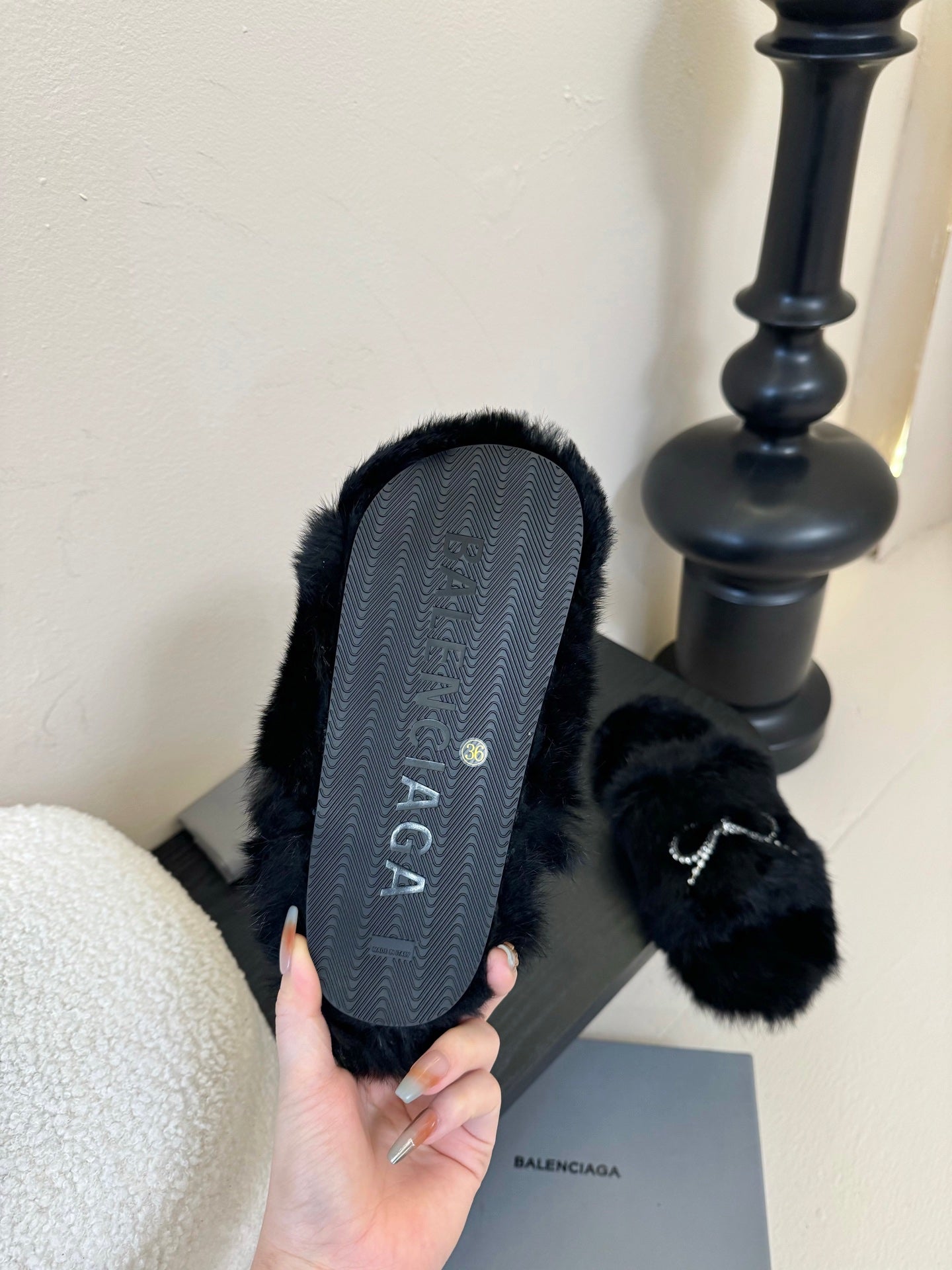 Balenciaga black plush slide sandal with textured insole and logo stamp