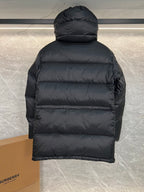 Burberry long puffer jacket with hood, dark quilted back view with horizontal baffle seams