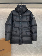 Burberry long hooded puffer jacket, dark quilted with front buttons and patch pockets