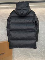 Burberry long puffer jacket with hood, dark quilted front and buttoned placket with pockets