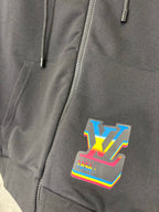 Black hoodie front zipper with colorful LV-style graphic patch